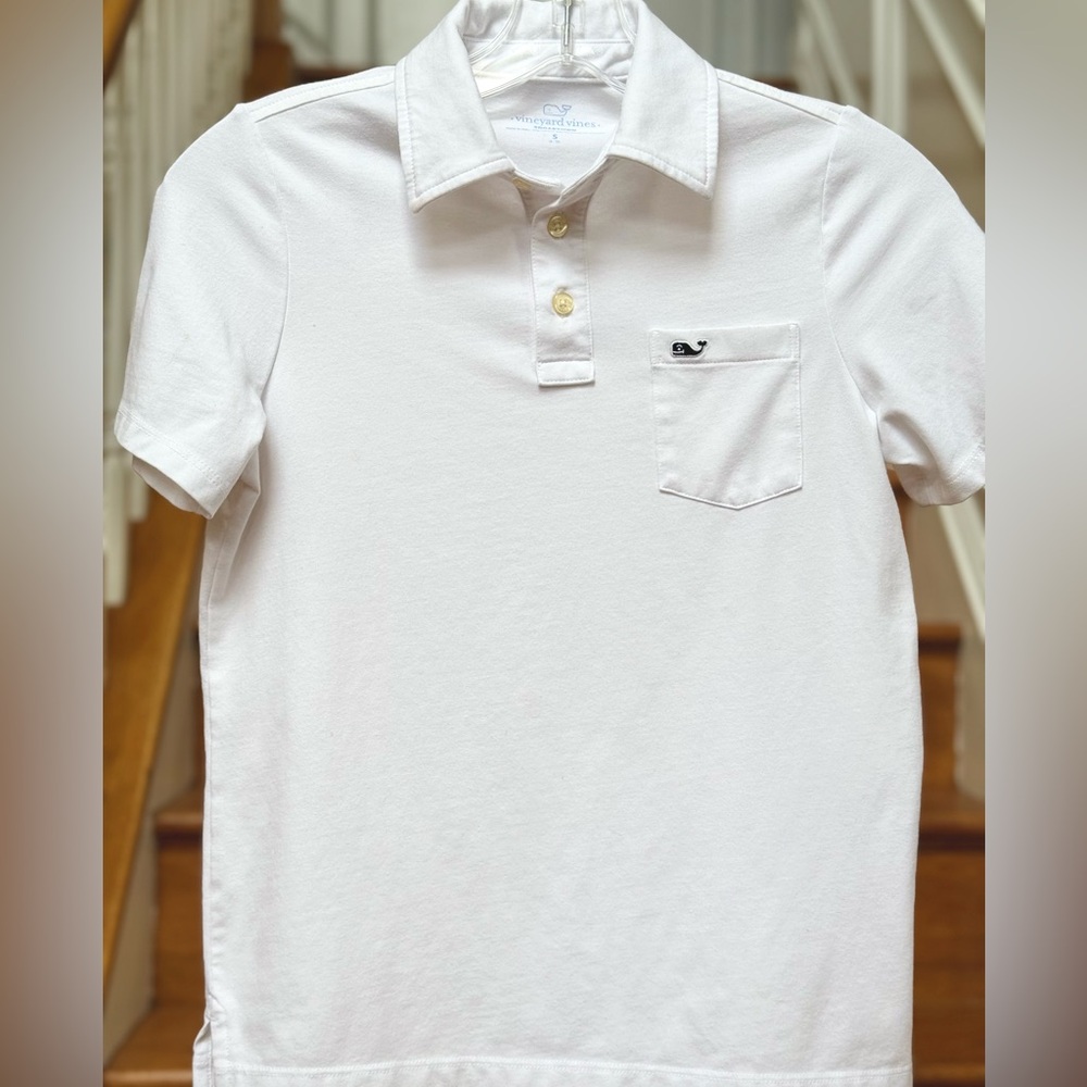 Vineyard Vines Edgartown Cotton Polo, bright white w/ivory buttons, youth small.